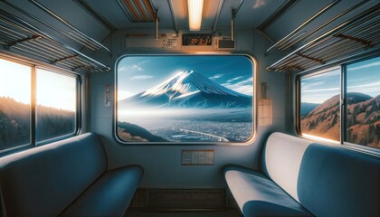 Stunning view of Mount Fuji from the window of a train, showcasing the mountain's majesty against a serene landscape.