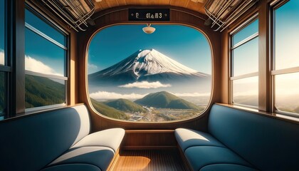 Stunning view of Mount Fuji from the window of a train, showcasing the mountain's majesty against a serene landscape.