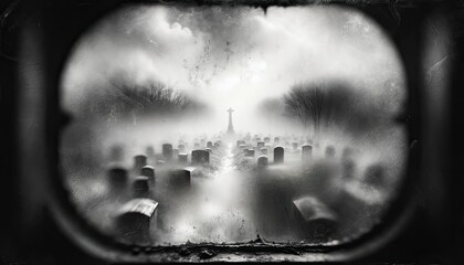 Gloomy view of an eerie, fog-covered cemetery seen through the misty window of a dark room.