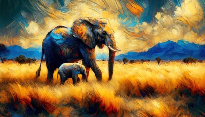 Expressive painting of a mother elephant and her calf walking through a colorful savannah under a dynamic sky.