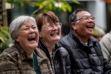 Portrait of happy Asian senior couple laughing in the street. Old people lifestyle concept.