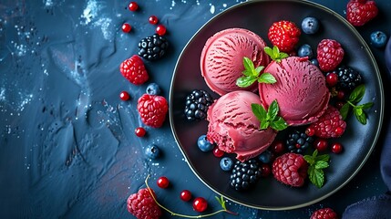 Tasty appetizing summer refreshing ice cream scoops with wild berries served on dark plate on blue...