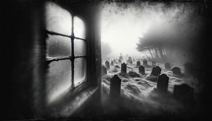 Gloomy view of an eerie, fog-covered cemetery seen through the misty window of a dark room.