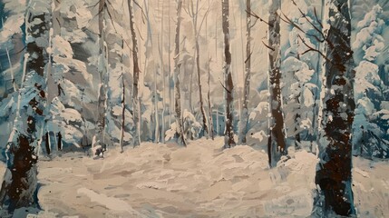 Fototapeta na wymiar Impressionist oil painting capturing a serene path through a snowy forest, with soft tones and textured brush strokes. 