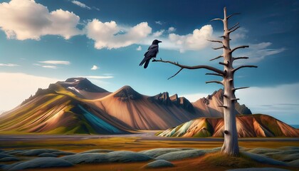 Serene landscape painting featuring a crow perched on a stark, dead tree in a vast field with colorful mountains in the background.