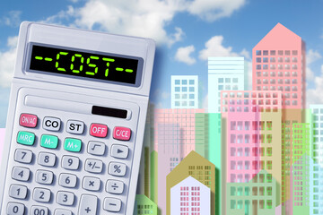 Fees and management property maintenance or generic real estate costs - Condominium costs and expenses - Concept with calculator and imaginary cityscape