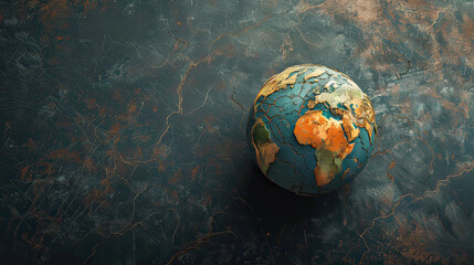 Artistic depiction of a rustic Earth model set against a dark, textured background, symbolizing a vintage view of the globe.