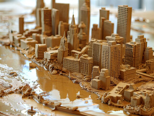 A detailed artistic model of a city partially submerged in muddy water, representing urban vulnerability to natural disasters.