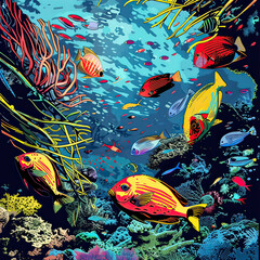 Illustration of a vibrant underwater scene filled with colorful tropical fish swimming among coral reefs.