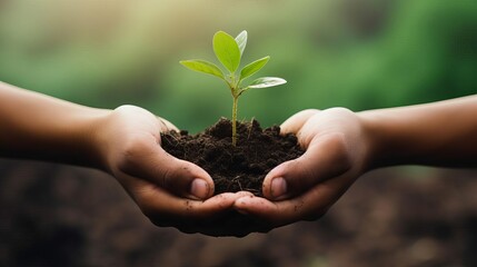 A small green plant growing in a handful of rich soil, held in a pair of human hands