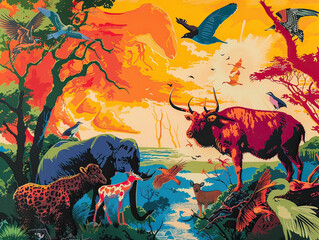 A lively and colorful depiction of diverse wildlife set against a vibrant sunset backdrop,...