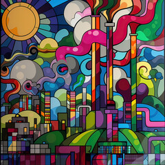 Stylized cityscape depicted in stained glass style, full of vibrant colors and whimsical shapes, resembling a lively urban scene.