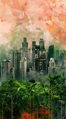 Artistic blending of a city skyline with a lush tropical forest, symbolizing the merge of urban and natural environments.