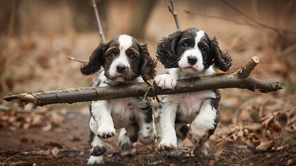Two springer spaniels puppies carrying a big stick