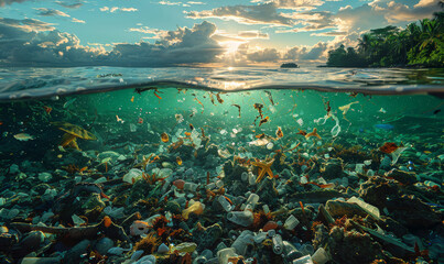 Underwater and surface view of ocean pollution with plastic debris. Environmental impact on marine ecosystems. World Oceans Day.