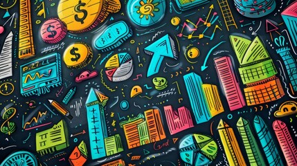 A chalkboard full of colorful graphs, charts, and other financial symbols.