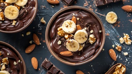 Vegan dessert for kids Banana in chocolate with nuts top view