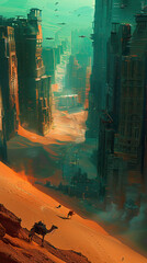Futuristic cityscape with towering buildings and flying vehicles over sand dunes, portraying an advanced civilization.