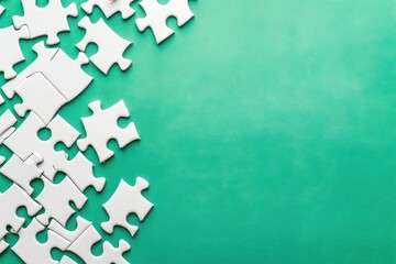 White jigsaw puzzle pieces assembled on calming blue background
