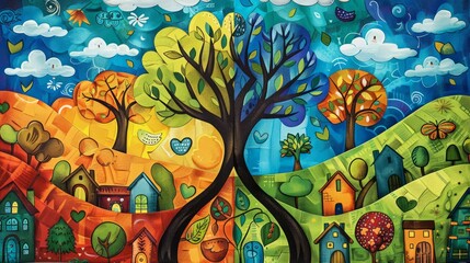 A colorful painting of a tree with two trunks, each representing a different season, with houses and nature in the background.