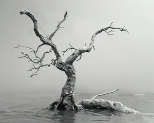 Monochrome image of a solitary dead tree standing in still water, evoking themes of isolation and environmental change.