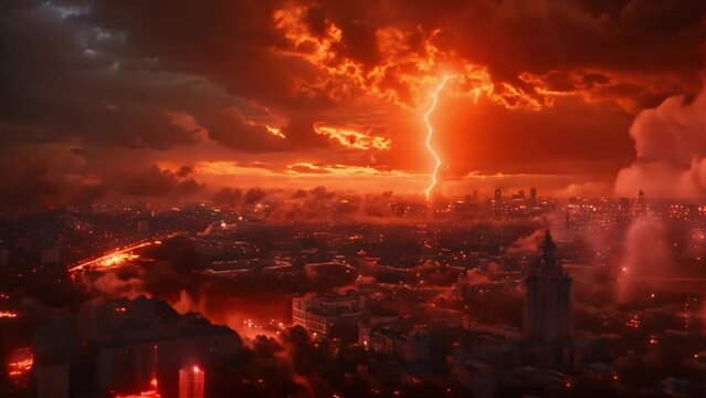 A landscape in the style of studio depicting a bright lightning bolt against a dark sky. the city center rages below
