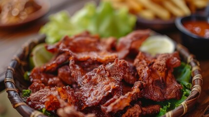 The cuisine of Bolivia. Charque&mdash; dried and fried alpaca meat.