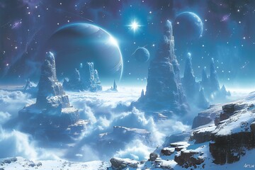 Fantasy alien planet,  Mountain and moon,   illustration