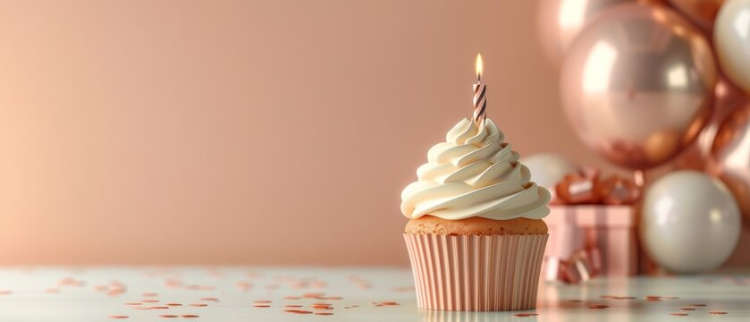 3D rendered image of a birthday cupcake with a candle gift box and black balloons on a pastel peach background providing a minimalist yet striking birthday template.