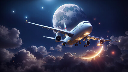 A plane is flying in the night sky. There are stars and a moon