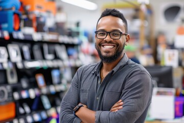 A friendly salesperson in an electronics store.