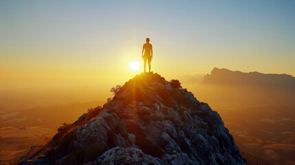 A person in silhouette on the top of a peak looking at the sun. 