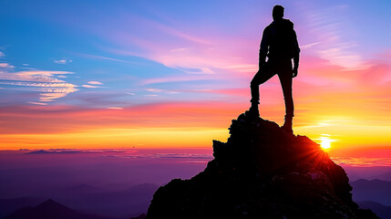 A person in silhouette on the top of a peak looking at the sky. 