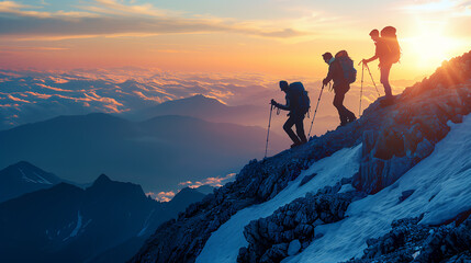Three persons going down from the top of a mountain. 