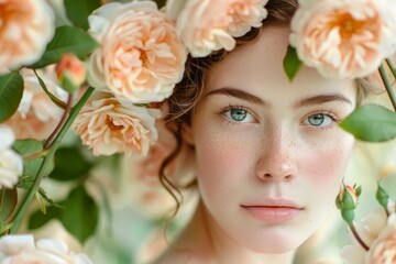 a young woman with soft features, surrounded by peach-colored roses