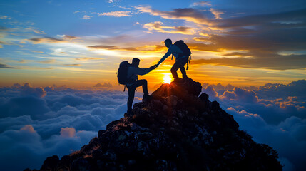 Silhouette of a person helping another person to climb the top of a peak. 