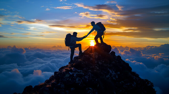Silhouette of a person helping another person to climb the top of a peak. 