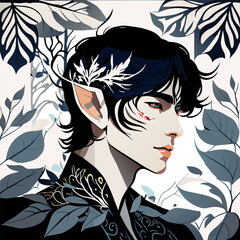high quality, ultra hd, highly realistic, asian male forest fairy elf art nouveau black and white,