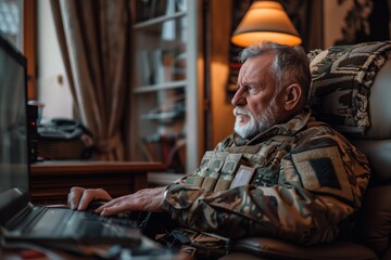 Elderly veteran with gray beard in military uniform uses laptop at home. Old soldier with PTSD undergoes psychotherapy treat psychological disorders remotely. Concept online psychotherapy PTSD