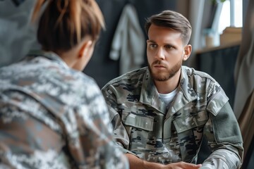 Fototapeta premium Young soldier with post traumatic stress disorder PTSD at consultation in military doctor woman psychologist at military medical. Concept PTSD in soldiers, veterans