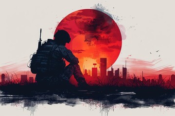 Young soldier in military uniform sits sad against backdrop houses at sunset. Military man received post traumatic stress disorder PTSD. Concept PTSD in soldiers