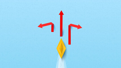 Yellow paper boat with choice arrows and navigation arrow to destination. Business leadership, Leadership, teamwork, start up. Vector illustrations