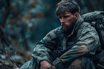 Fototapeta premium Young soldier with beard shocked by the horrors of war. Military man with PTSD sits in military uniform with backpack and worries about traumatic events. Concept of military personnel with PTSD