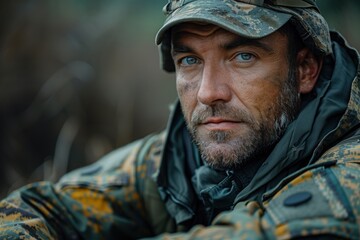 Fototapeta premium Soldier in military uniform, 45s caucasian military, with gray short beard, looks confidently. Army concept