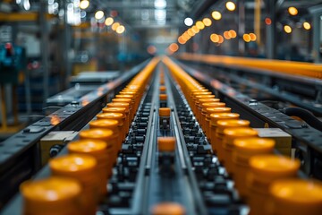Conveyor belt with orange robot parts