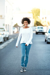 African woman, smile and portrait in street with sunshine on commute, holiday and excited in city. Girl, person and happy on metro sidewalk with streetwear for vacation, tourism or travel in Atlanta