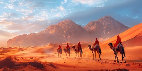 An African adventure in the Sahara desert: camel caravan, dunes, and a stunning sunset backdrop.