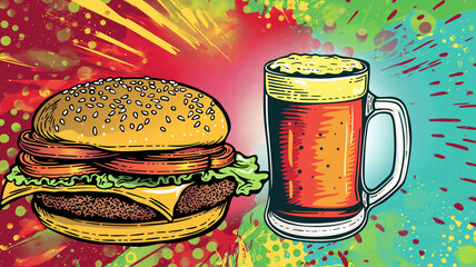 Pop art fried chicken and fries, beer. Colorful background in pop art retro comic style. Fastfood concept, Unhealthy meal