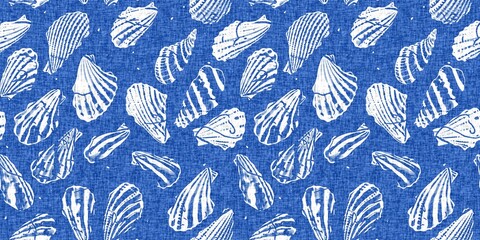 Azure blue white shell motif with linen seamless batik border background. Modern coastal beach cottage rustic shell block print home decor pattern design in sealife beach banner style. 