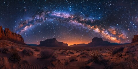 A panoramic view of the night sky over the desert, revealing the majestic beauty of the Milky Way.